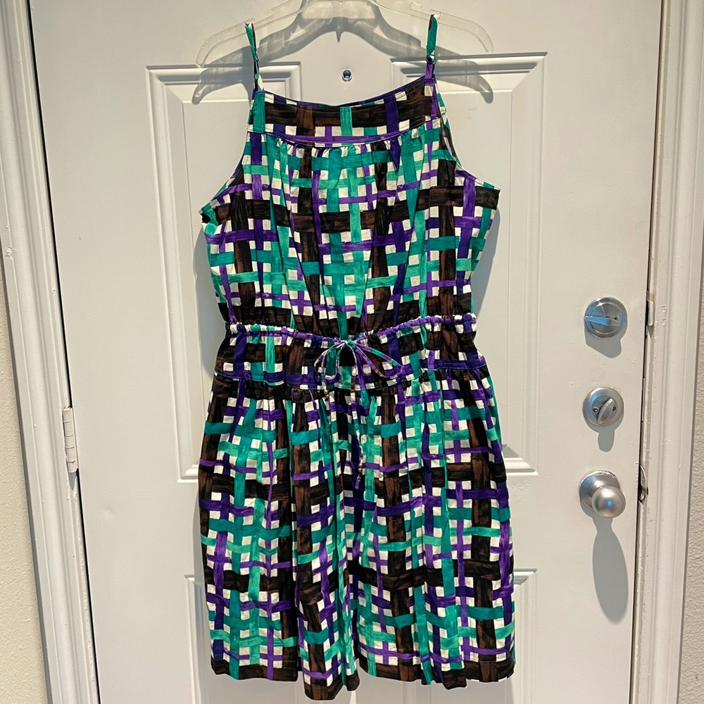JCPenney Plaid Purple Green Brown Duro Olowu Aline Spaghetti Strap Dress Size XL